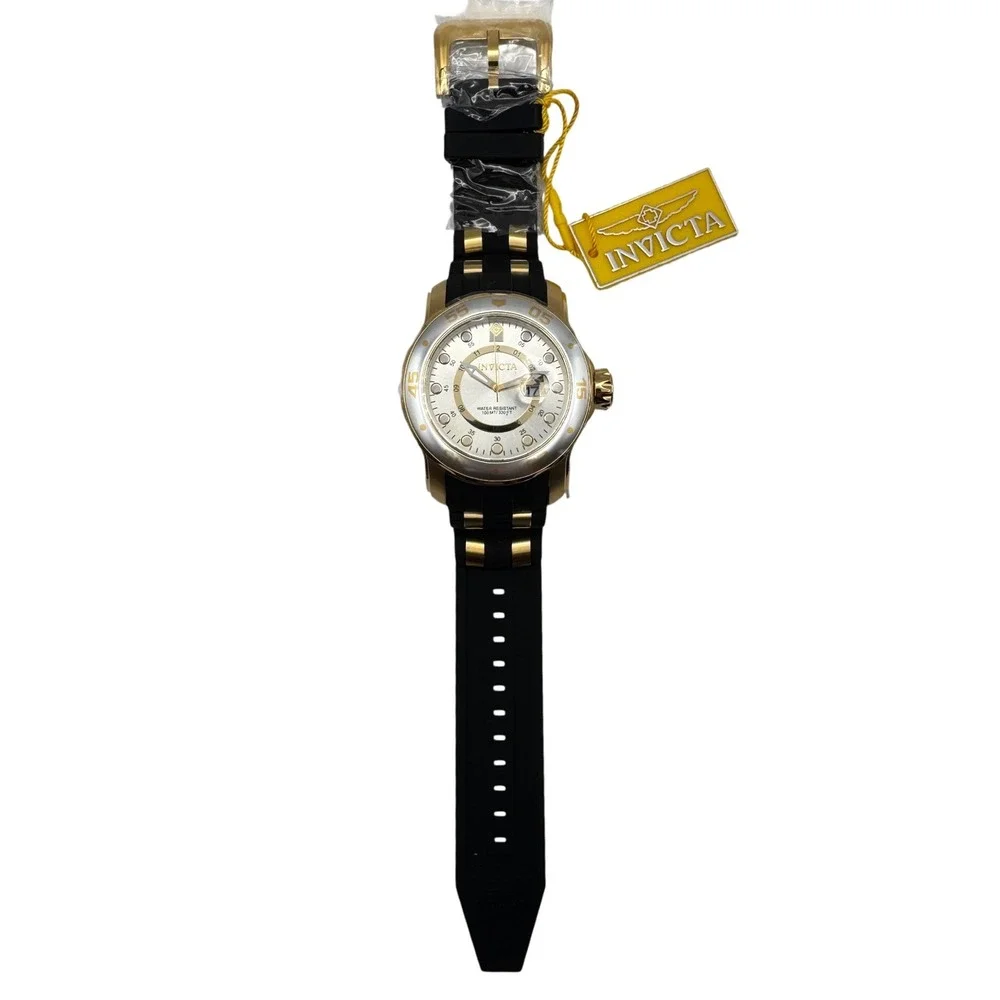 Invicta Pro Diver SCUBA 8995 Mens Watch Gold Tone Silver Dial Black Strap